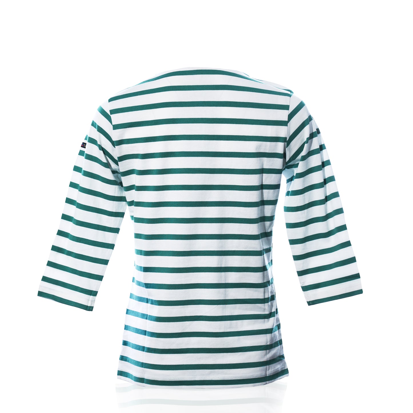 Back view of the Batela USA Inc 3/4 Sleeve Boatneck Top in teal and cream, featuring Breton stripes and three-quarter length sleeves, photographed on a white background. by Sea Bags