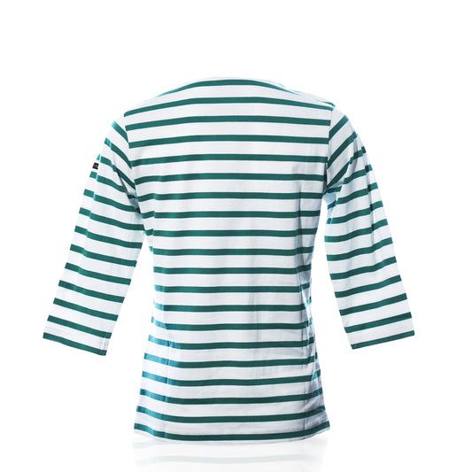 Back view of the Batela USA Inc 3/4 Sleeve Boatneck Top in teal and cream, featuring Breton stripes and three-quarter length sleeves, photographed on a white background. by Sea Bags