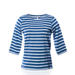The Batela USA Inc 3/4 Sleeve Boatneck Top in High Tide/White features blue and white stripes with a classic nautical design and three-quarter sleeves, shown against a plain white background. by Sea Bags