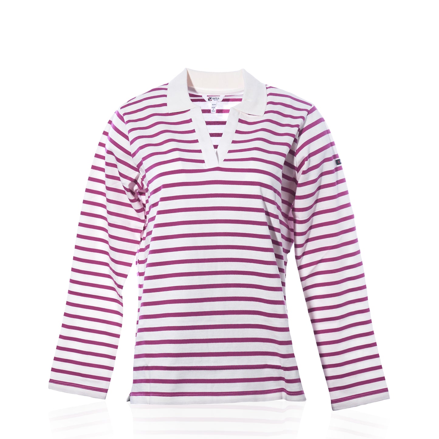 The Batela USA Inc Long Sleeve Polo Shirt - Fuchsia/White features a relaxed fit with horizontal fuchsia and white stripes, a V-neck collar, and plain white cuffs. Displayed on a white background, this women’s polo combines comfort and style for any occasion. by Sea Bags
