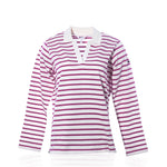 The Batela USA Inc Long Sleeve Polo Shirt - Fuchsia/White features a relaxed fit with horizontal fuchsia and white stripes, a V-neck collar, and plain white cuffs. Displayed on a white background, this women’s polo combines comfort and style for any occasion. by Sea Bags