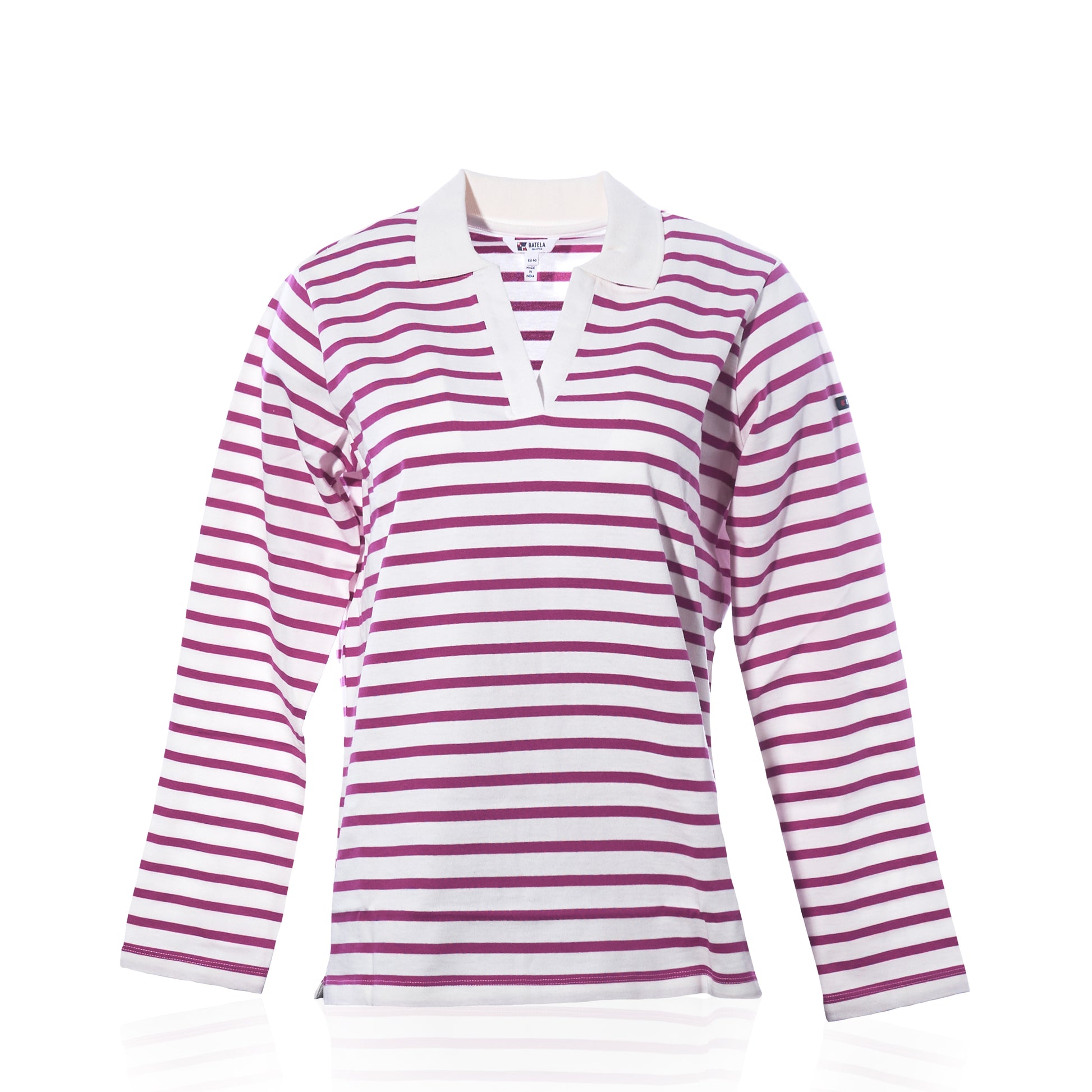 The Batela USA Inc Long Sleeve Polo Shirt - Fuchsia/White features a relaxed fit with horizontal fuchsia and white stripes, a V-neck collar, and plain white cuffs. Displayed on a white background, this women’s polo combines comfort and style for any occasion. by Sea Bags