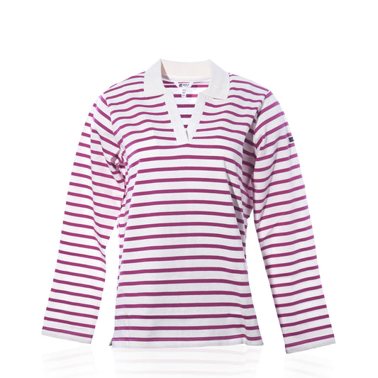 The Batela USA Inc Long Sleeve Polo Shirt - Fuchsia/White features a relaxed fit with horizontal fuchsia and white stripes, a V-neck collar, and plain white cuffs. Displayed on a white background, this women’s polo combines comfort and style for any occasion. by Sea Bags