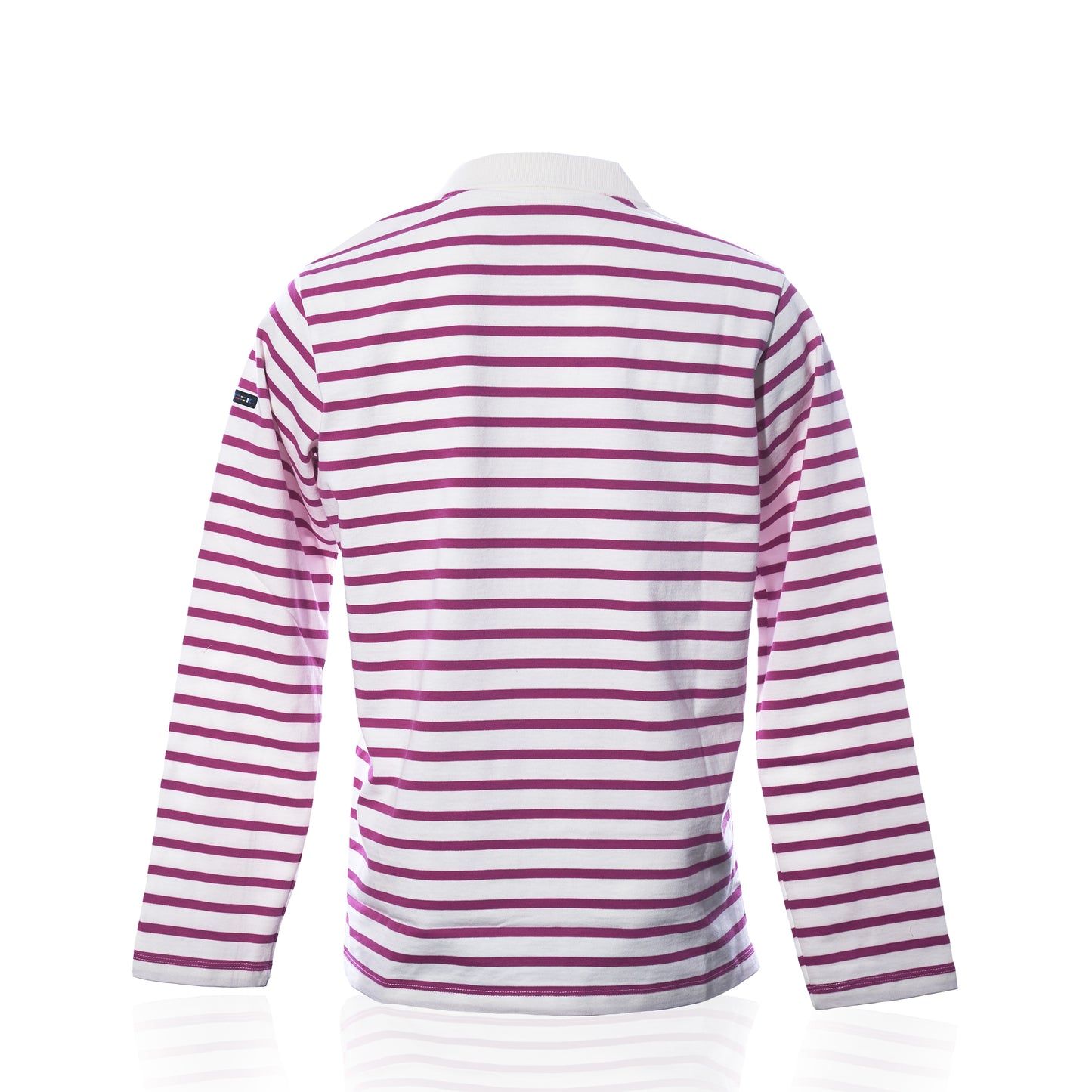 Back view of the Batela USA Inc Long Sleeve Polo Shirt in Fuchsia/White, a womens relaxed fit design featuring long sleeves and horizontal white and magenta stripes, displayed on a plain white background. by Sea Bags