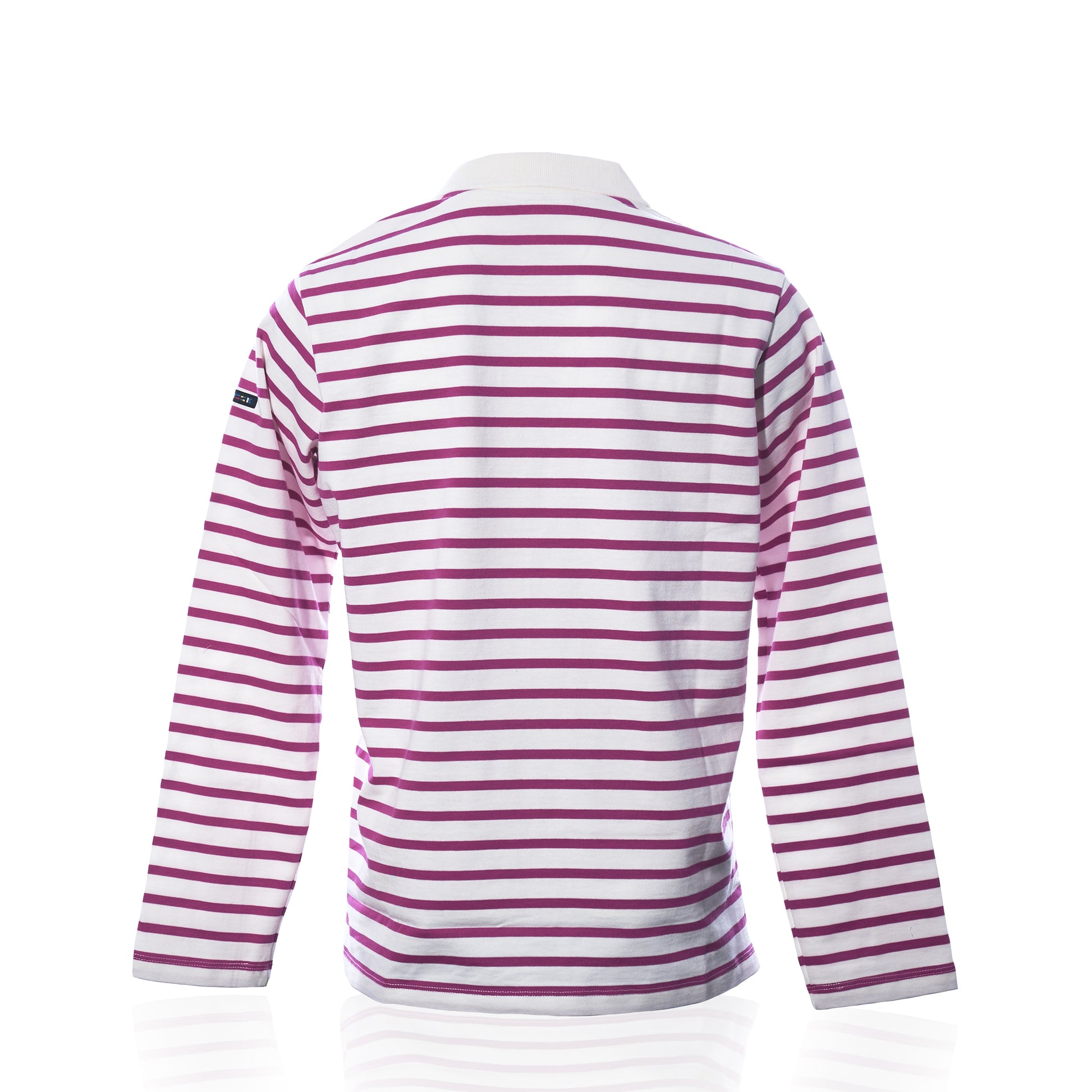 Back view of the Batela USA Inc Long Sleeve Polo Shirt in Fuchsia/White, a womens relaxed fit design featuring long sleeves and horizontal white and magenta stripes, displayed on a plain white background. by Sea Bags