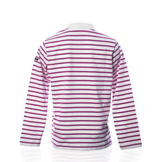 Back view of the Batela USA Inc Long Sleeve Polo Shirt in Fuchsia/White, a womens relaxed fit design featuring long sleeves and horizontal white and magenta stripes, displayed on a plain white background. by Sea Bags