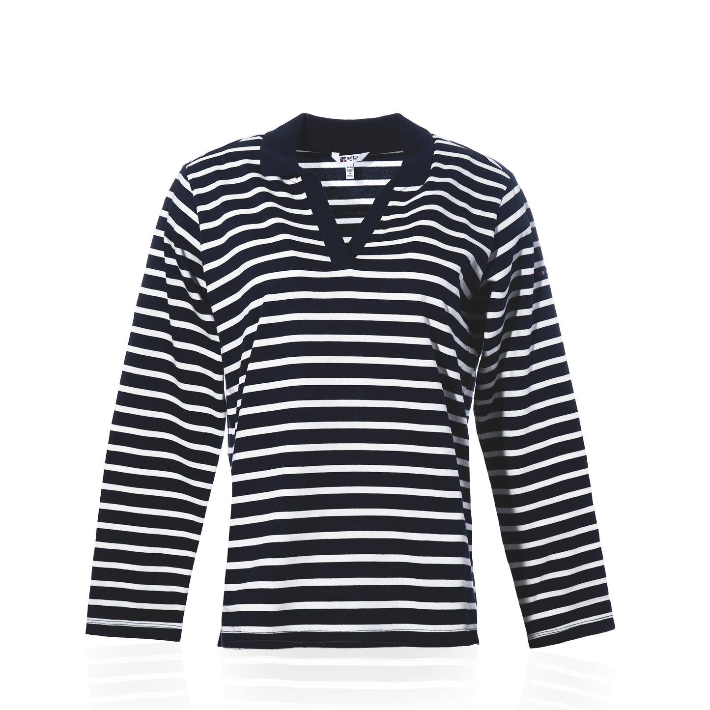 The Batela USA Inc Long Sleeve Polo Shirt - Navy/White is a womens relaxed fit top, featuring classic nautical navy and white horizontal stripes and a dark V-neck collar, shown against a white background. by Sea Bags