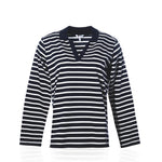 The Batela USA Inc Long Sleeve Polo Shirt - Navy/White is a womens relaxed fit top, featuring classic nautical navy and white horizontal stripes and a dark V-neck collar, shown against a white background. by Sea Bags