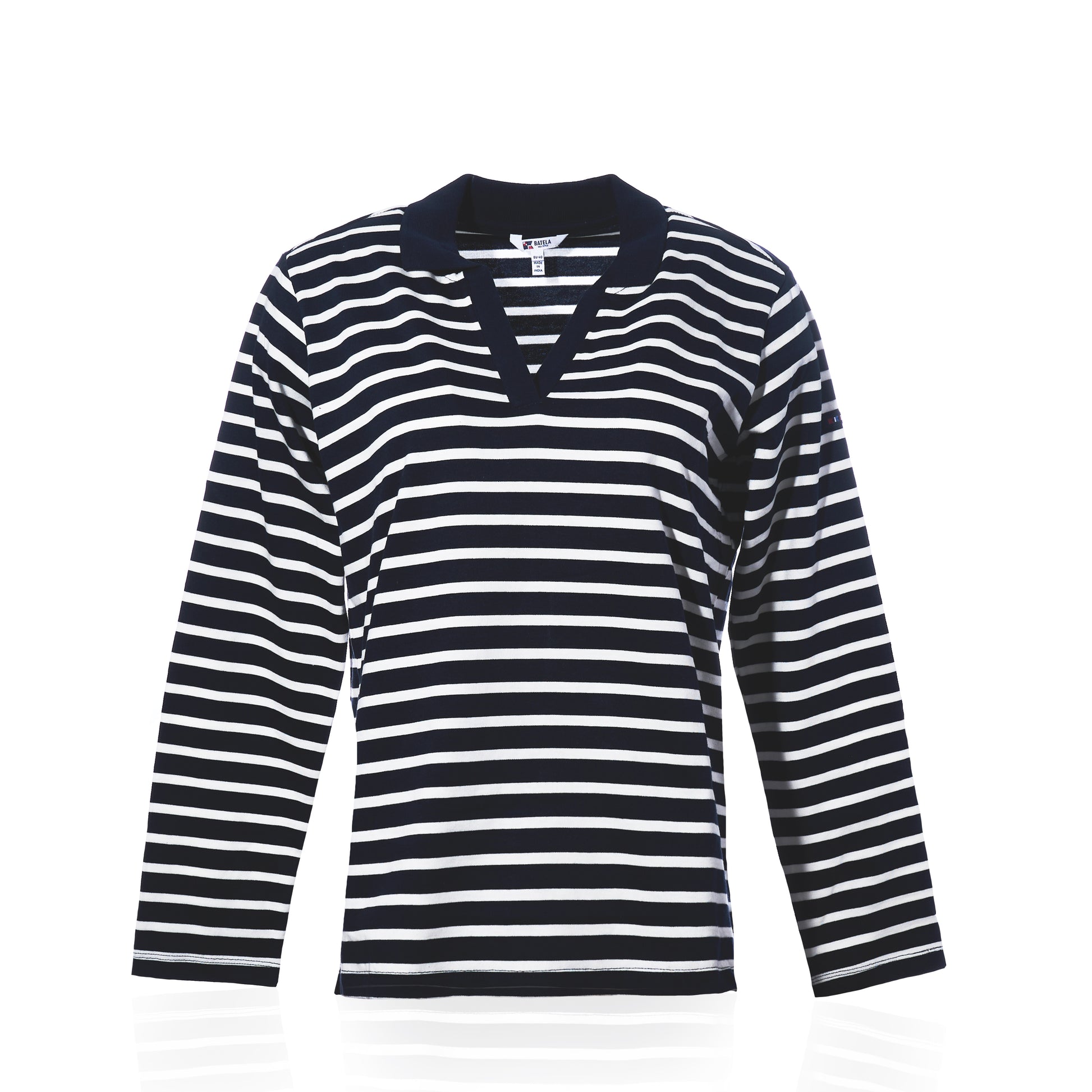 The Batela USA Inc Long Sleeve Polo Shirt - Navy/White is a womens relaxed fit top, featuring classic nautical navy and white horizontal stripes and a dark V-neck collar, shown against a white background. by Sea Bags