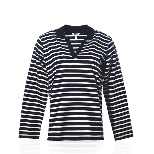 The Batela USA Inc Long Sleeve Polo Shirt - Navy/White is a womens relaxed fit top, featuring classic nautical navy and white horizontal stripes and a dark V-neck collar, shown against a white background. by Sea Bags