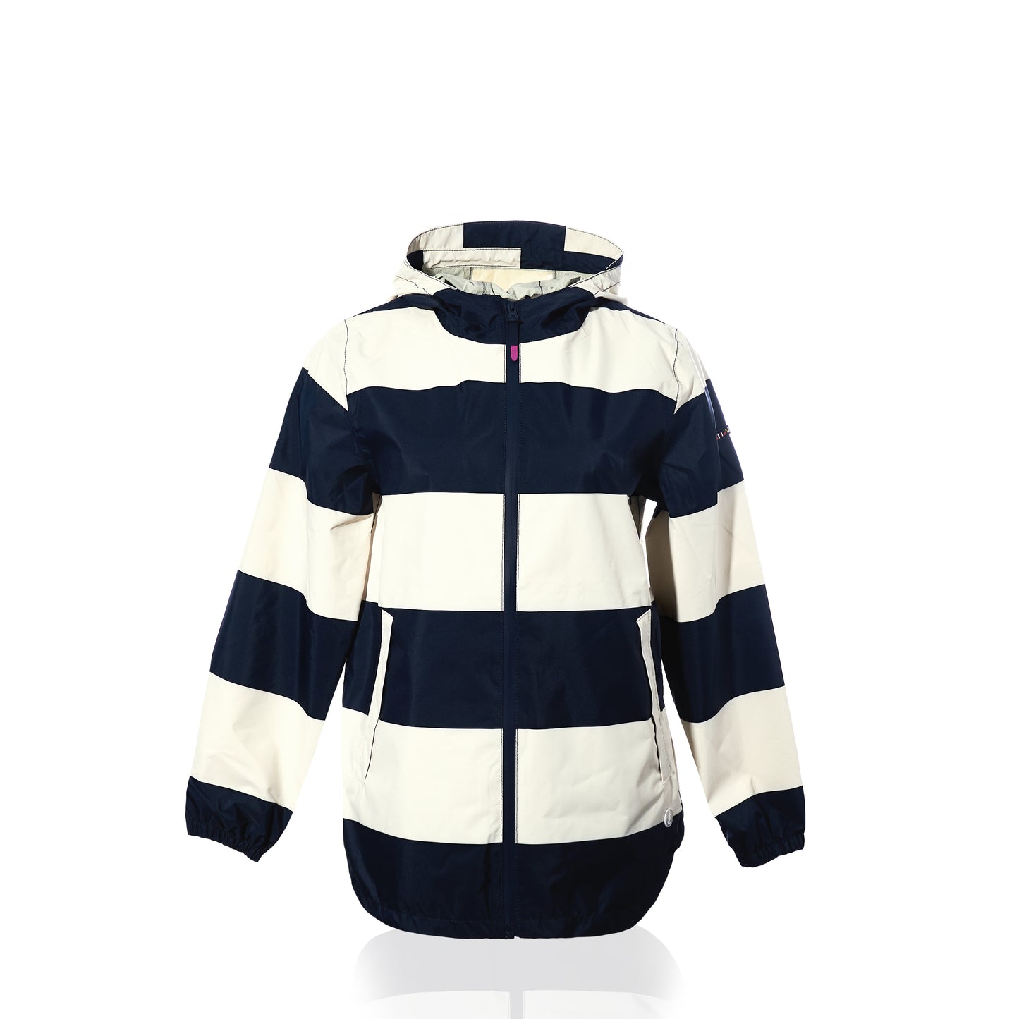 The Harborside Waterproof Raincoat - Stripe Navy  White from True is a women’s hooded jacket with a white and navy stripe pattern, featuring a waterproof shell, front zipper, two side pockets, and elastic cuffs. It is displayed on a white background.