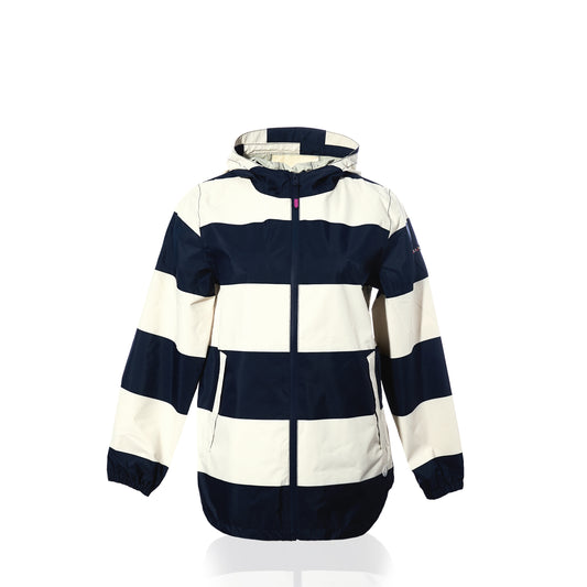 The Harborside Waterproof Raincoat - Stripe Navy  White from True is a women’s hooded jacket with a white and navy stripe pattern, featuring a waterproof shell, front zipper, two side pockets, and elastic cuffs. It is displayed on a white background.