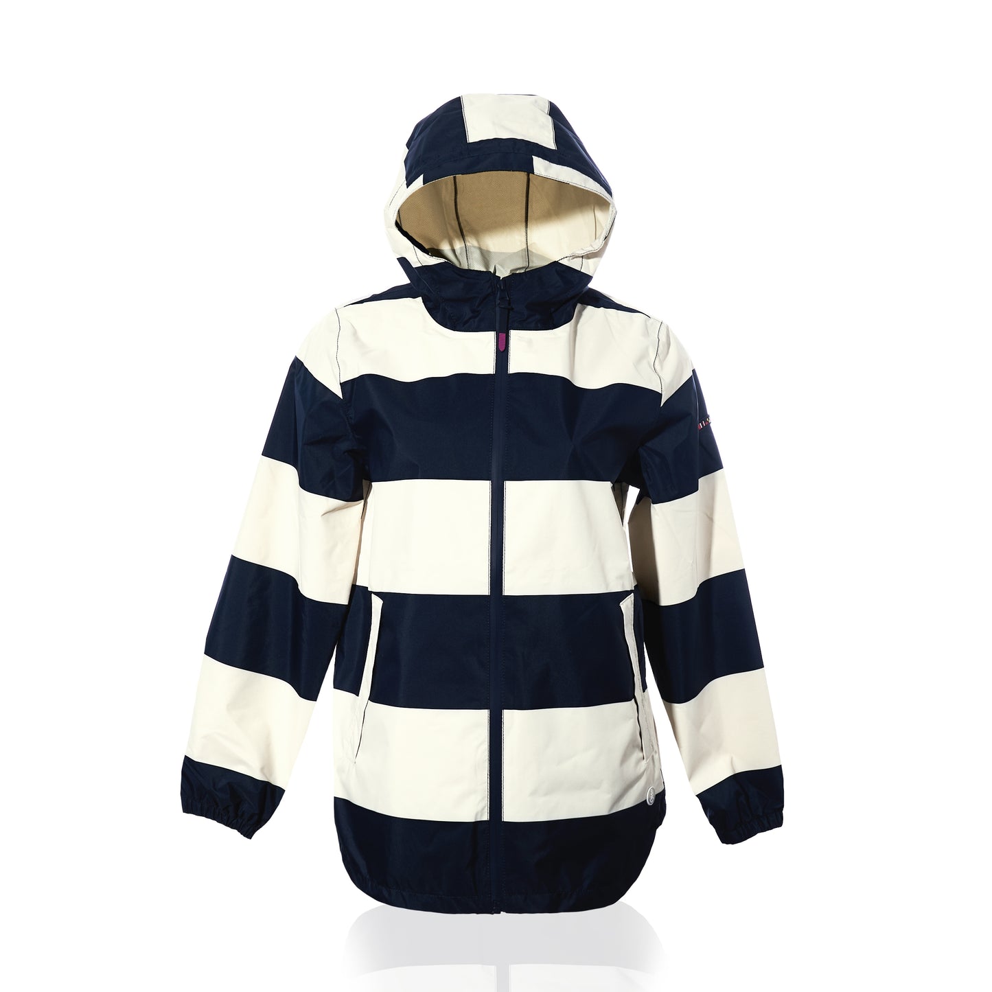 Sure Here’s a rewritten sentence using your product data: The Harborside Waterproof Raincoat by True showcases a navy and white stripe design with a hooded, waterproof shell, front zipper closure, two pockets, and elastic cuffs, all displayed on a plain white background.