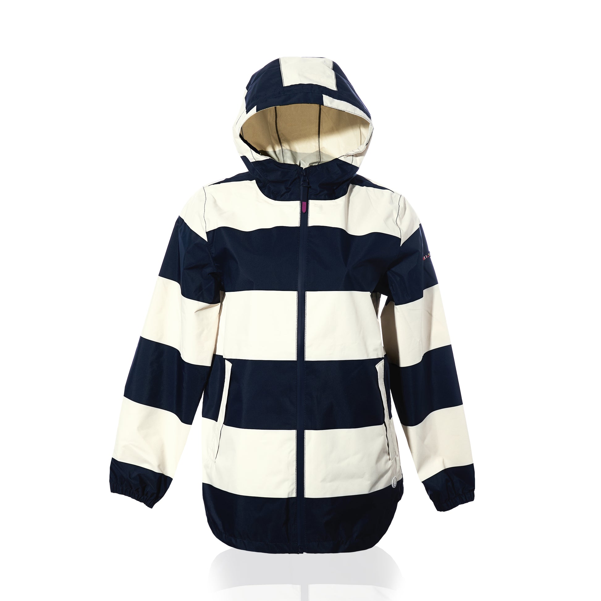 Sure Here’s a rewritten sentence using your product data: The Harborside Waterproof Raincoat by True showcases a navy and white stripe design with a hooded, waterproof shell, front zipper closure, two pockets, and elastic cuffs, all displayed on a plain white background.