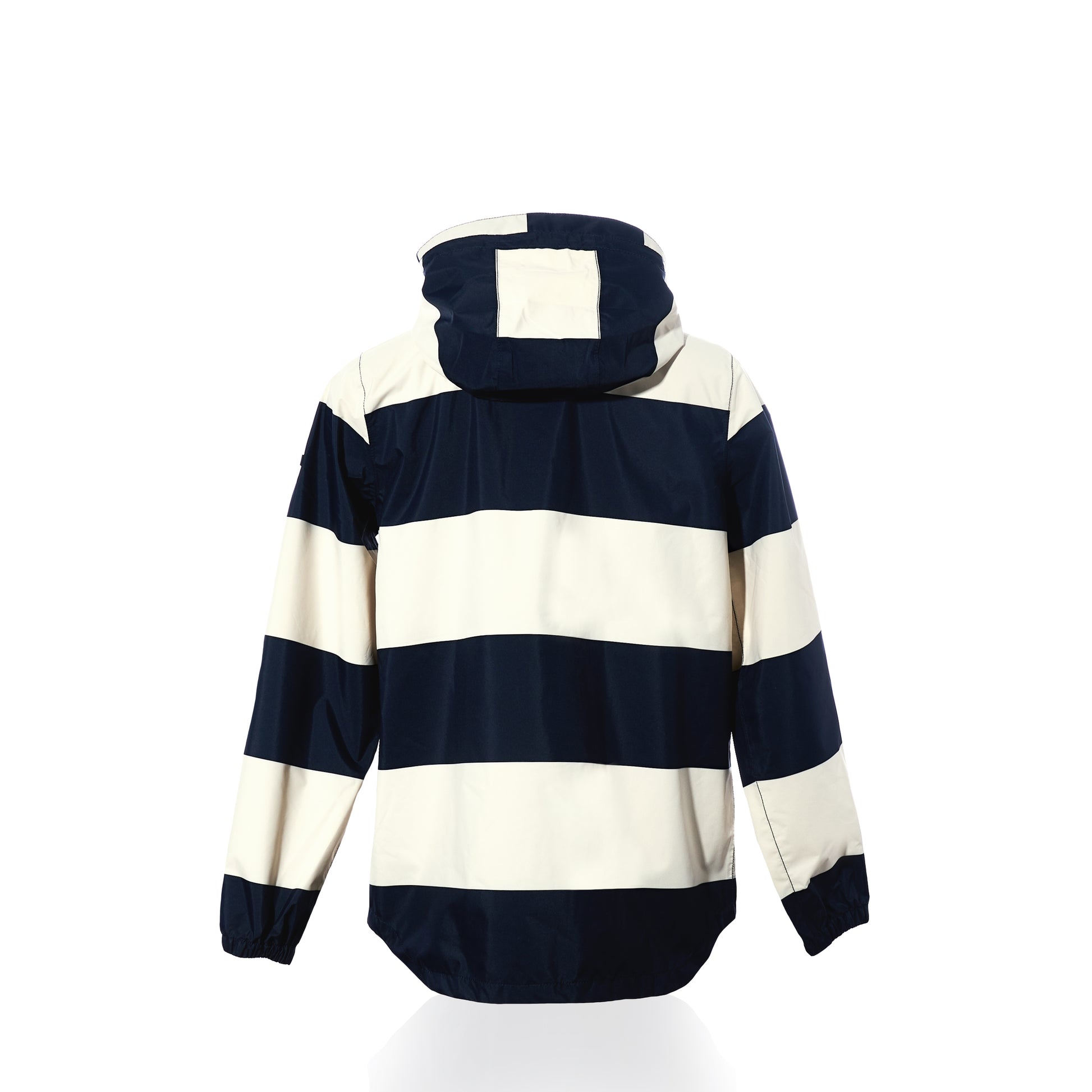 Here is the rewritten sentence using your product data: The “Harborside Waterproof Raincoat - Stripe Navy  White” by True features a waterproof shell and a hood, showcasing wide horizontal navy and white stripes. The women’s raincoat is displayed from the back against a white background.