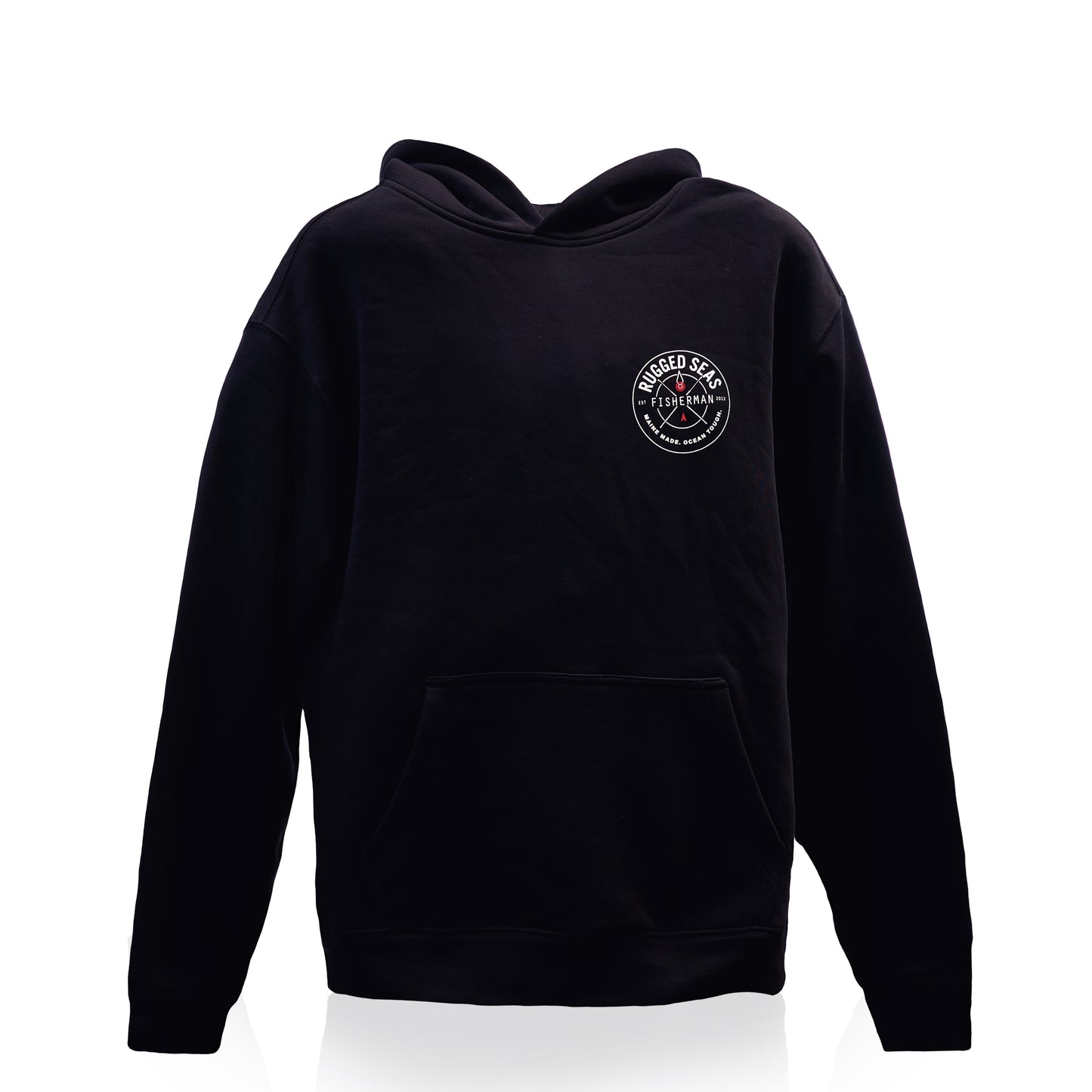 A navy heavyweight hoodie with a front pocket and a small white circular logo on the left chest, displayed against a white background—perfect for those seeking the classic comfort and durability of a Rugged Seas hoodie. by Sea Bags