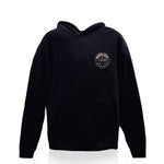 A navy heavyweight hoodie with a front pocket and a small white circular logo on the left chest, displayed against a white background—perfect for those seeking the classic comfort and durability of a Rugged Seas hoodie. by Sea Bags