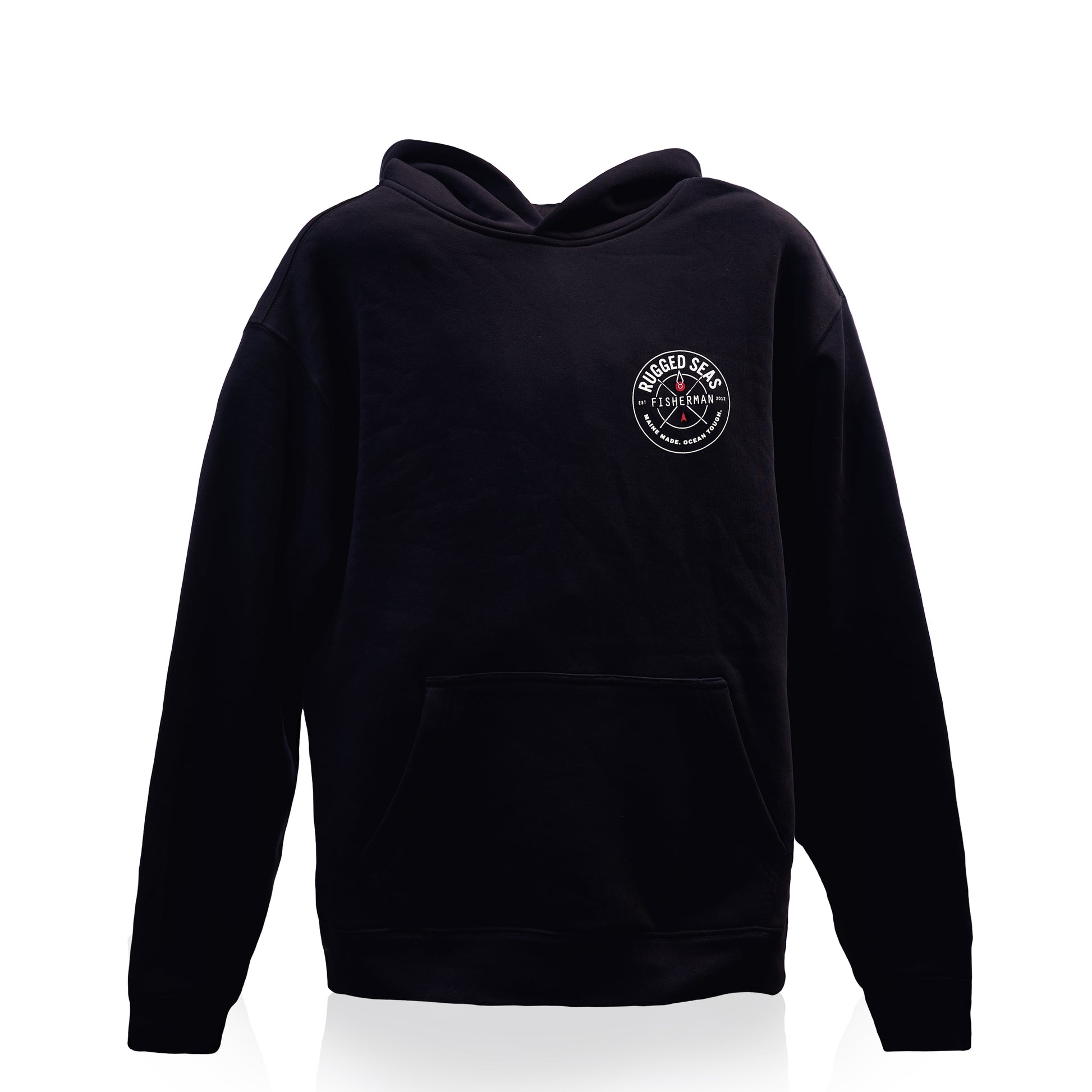 A navy heavyweight hoodie with a front pocket and a small white circular logo on the left chest, displayed against a white background—perfect for those seeking the classic comfort and durability of a Rugged Seas hoodie. by Sea Bags