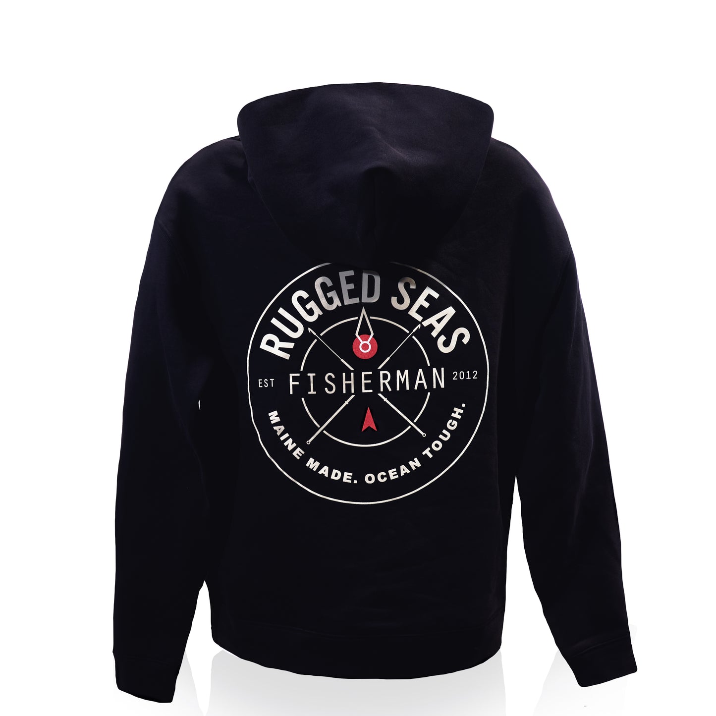 The Rugged Seas Navy Hoodie is a heavyweight classic inspired by life on the Maine coast, featuring the signature Rugged Seas Fisherman logo with an anchor and red compass on the back, plus Maine Made. Ocean Tough. Est 2012 text—a timeless favorite from Rugged Seas. by Sea Bags