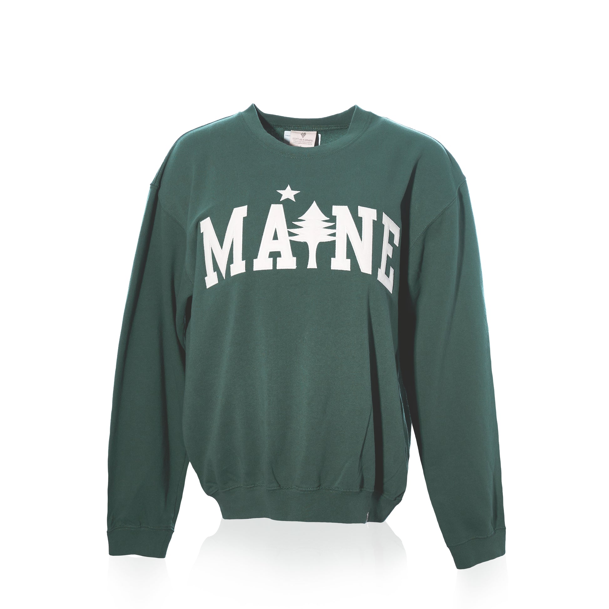 The Crewneck Pullover - Willow Maine Tree by Soft As A Grape features MAINE printed in bold white letters across the front, accented by a pine tree and star design. This classic crewneck sweater offers a cozy camp style—perfect for anyone wanting to show their love for the outdoors. by Sea Bags