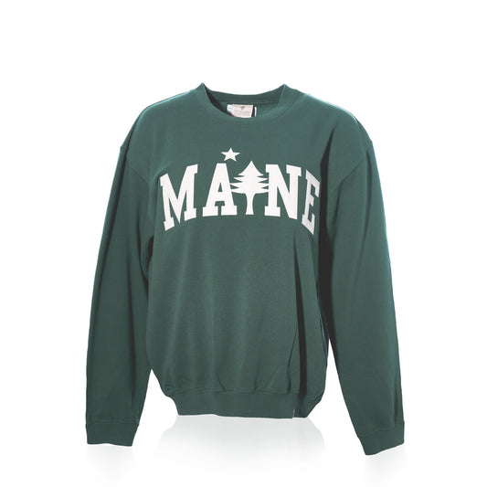 The Crewneck Pullover - Willow Maine Tree by Soft As A Grape features MAINE printed in bold white letters across the front, accented by a pine tree and star design. This classic crewneck sweater offers a cozy camp style—perfect for anyone wanting to show their love for the outdoors. by Sea Bags