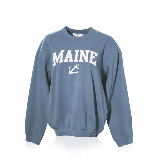 The Soft As A Grape Crewneck Pullover - Denim Maine Anchor features a denim-blue design with MAINE and a Sea Bags anchor symbol printed in white across the front, shown on a white background—a classic nod to Maine coastal style. by Sea Bags