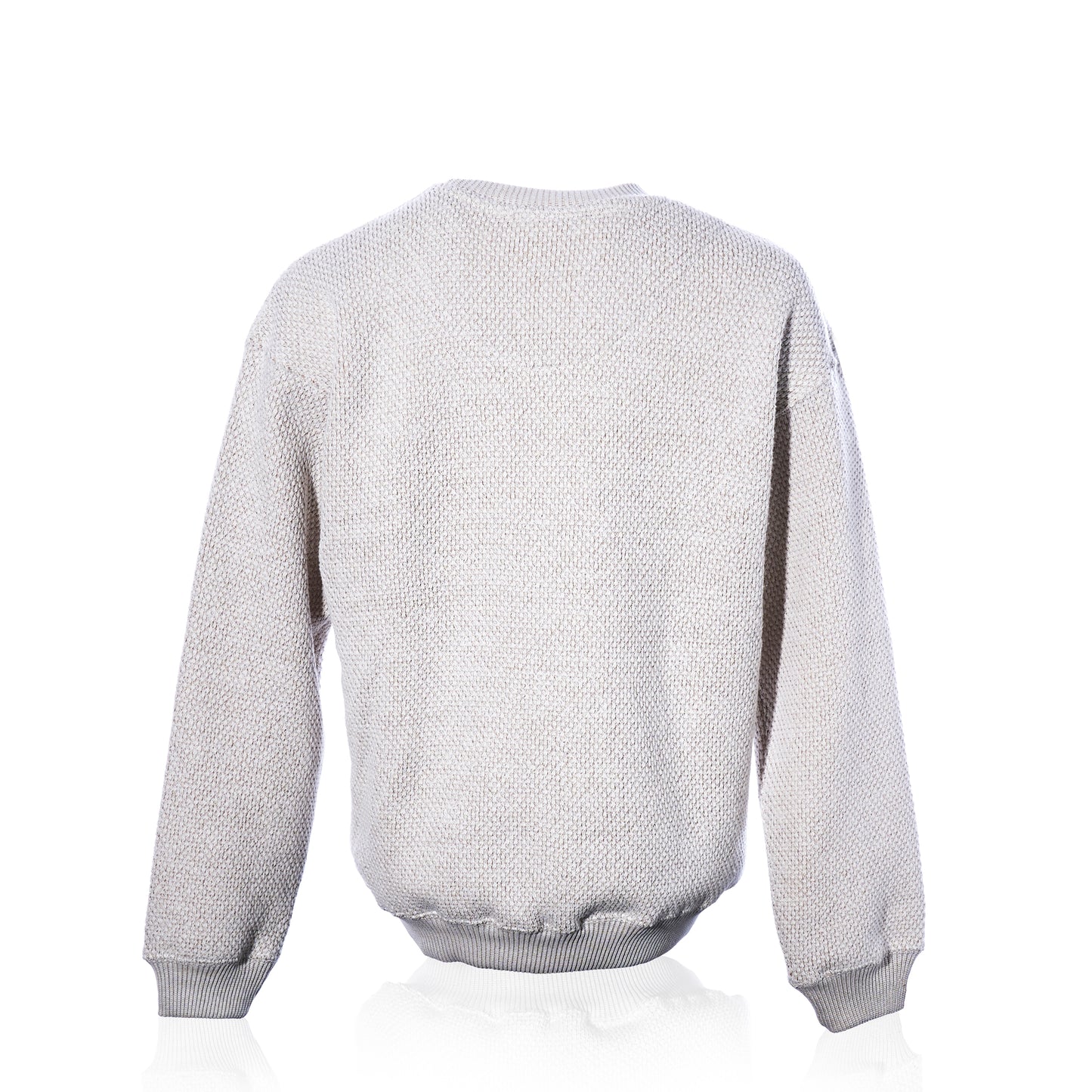 The Popcorn Fleece Pullover in Oatmeal - Maine Lobster by Soft As A Grape is shown from the back, featuring a crew neckline, long sleeves, and ribbed cuffs and hem. Displayed against a white background, this timeless sweater is inspired by coastal heritage.