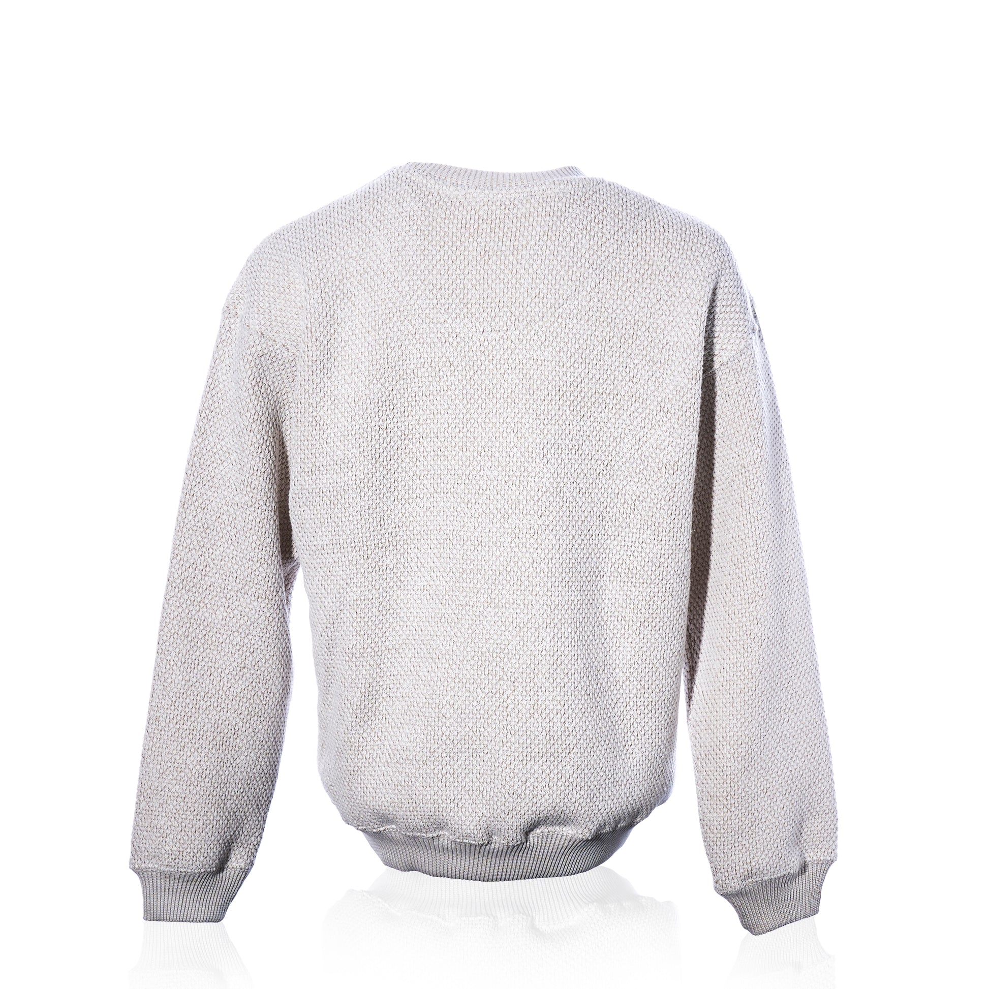 The Popcorn Fleece Pullover in Oatmeal - Maine Lobster by Soft As A Grape is shown from the back, featuring a crew neckline, long sleeves, and ribbed cuffs and hem. Displayed against a white background, this timeless sweater is inspired by coastal heritage.