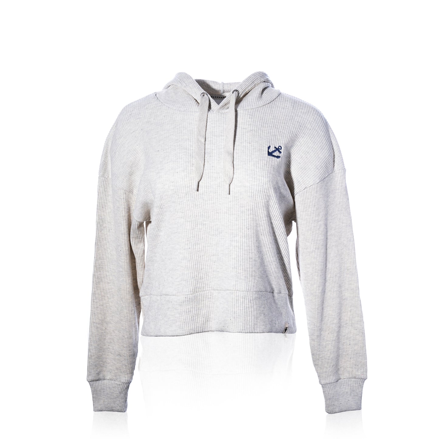 The Ribbed Hoodie Pullover - Oatmeal Anchor by Soft As A Grape features a light oatmeal ribbed texture, drawstrings, and a small navy anchor logo on the left chest. Displayed on a plain white background, this coastal style pullover offers a relaxed yet refined look that’s perfect for layering throughout the year. by Sea Bags