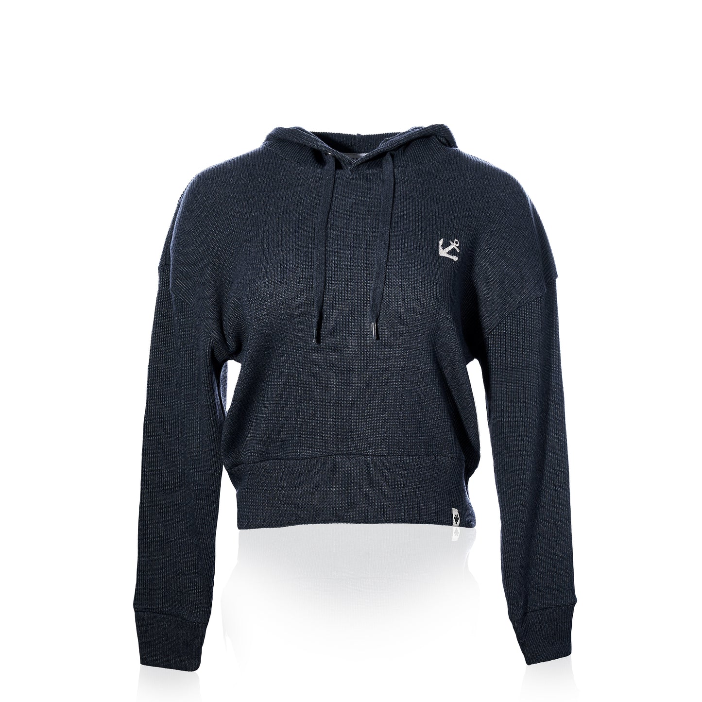 The Soft As A Grape Ribbed Hoodie Pullover - Navy Anchor features a dark navy blue knit and long sleeves, with a drawstring hood and a small white anchor logo embroidered on the left chest—perfect for achieving that classic coastal style. by Sea Bags