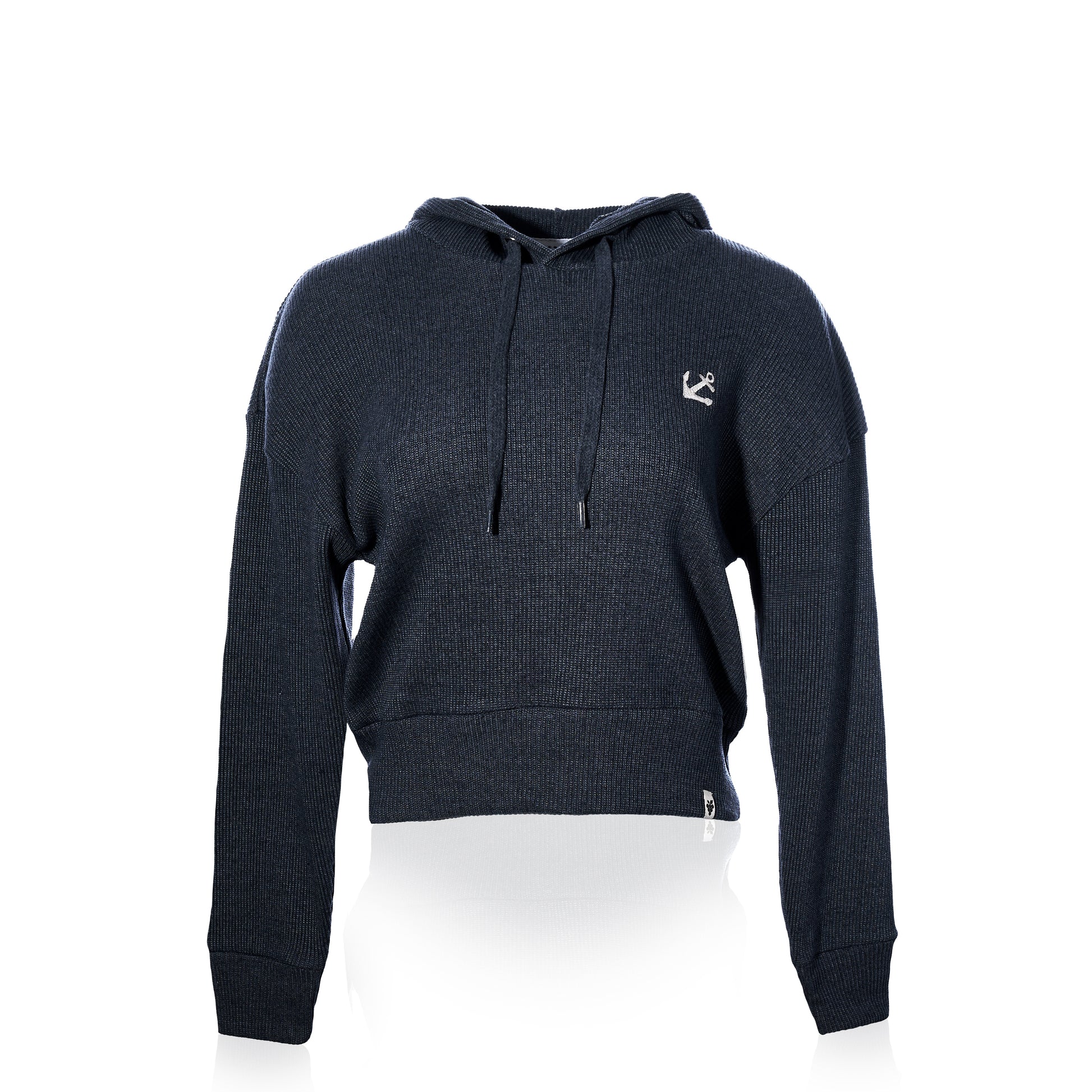 The Soft As A Grape Ribbed Hoodie Pullover - Navy Anchor features a dark navy blue knit and long sleeves, with a drawstring hood and a small white anchor logo embroidered on the left chest—perfect for achieving that classic coastal style. by Sea Bags