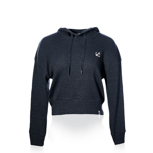 The Soft As A Grape Ribbed Hoodie Pullover - Navy Anchor features a dark navy blue knit and long sleeves, with a drawstring hood and a small white anchor logo embroidered on the left chest—perfect for achieving that classic coastal style. by Sea Bags