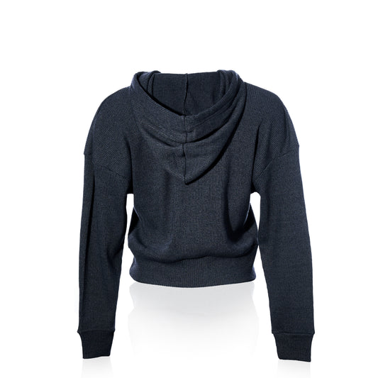 A navy, long-sleeve ribbed hoodie pullover from Soft As A Grape, the Ribbed Hoodie Pullover - Navy Anchor, is shown from the back on a white background. by Sea Bags