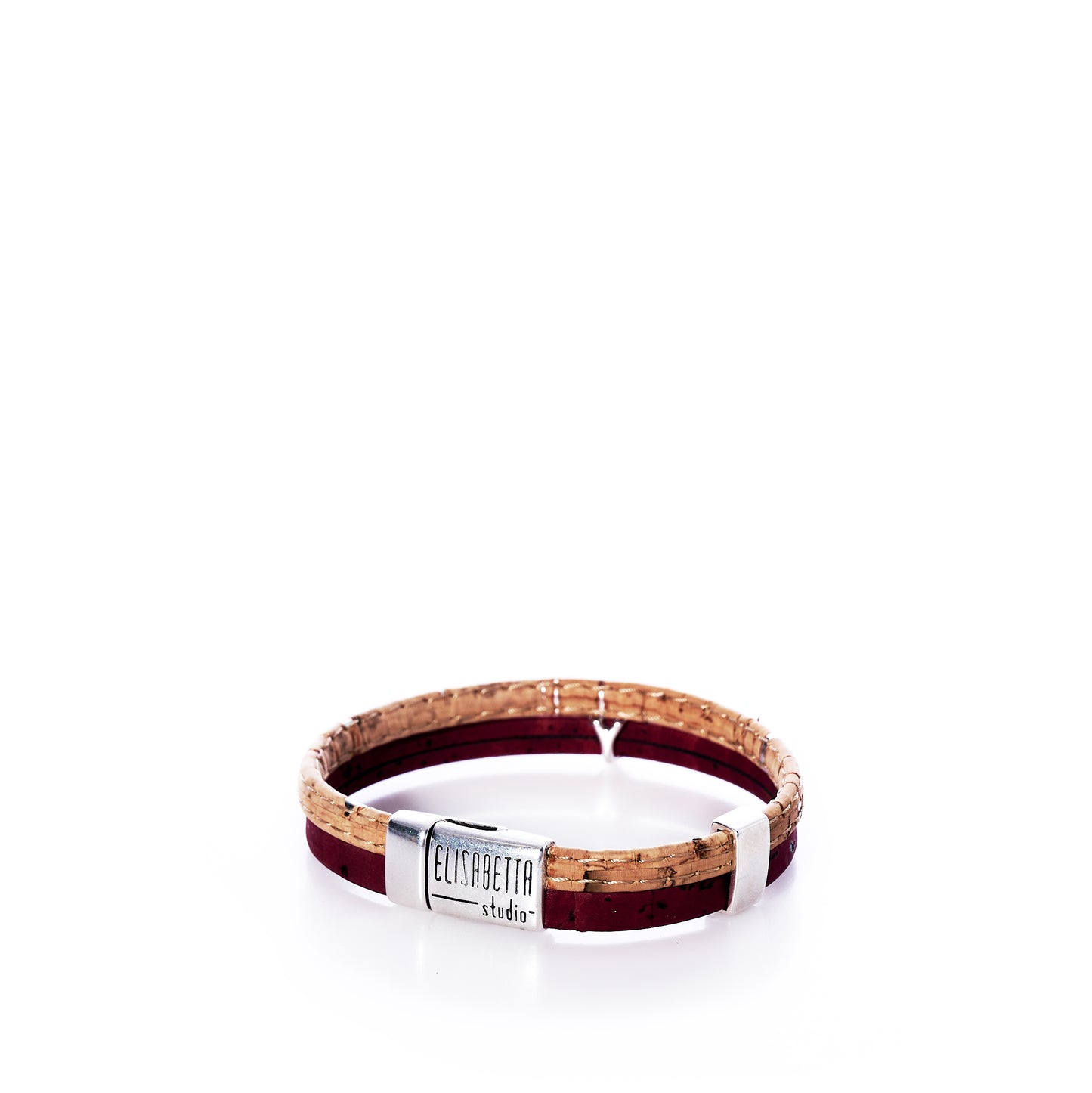 Classic Cork Bracelet - Heart on Wine by Elisabetta Studio, featuring brown cork and burgundy accents, a silver clasp engraved with the brand name, handcrafted in Vermont and displayed on a white background. by Sea Bags