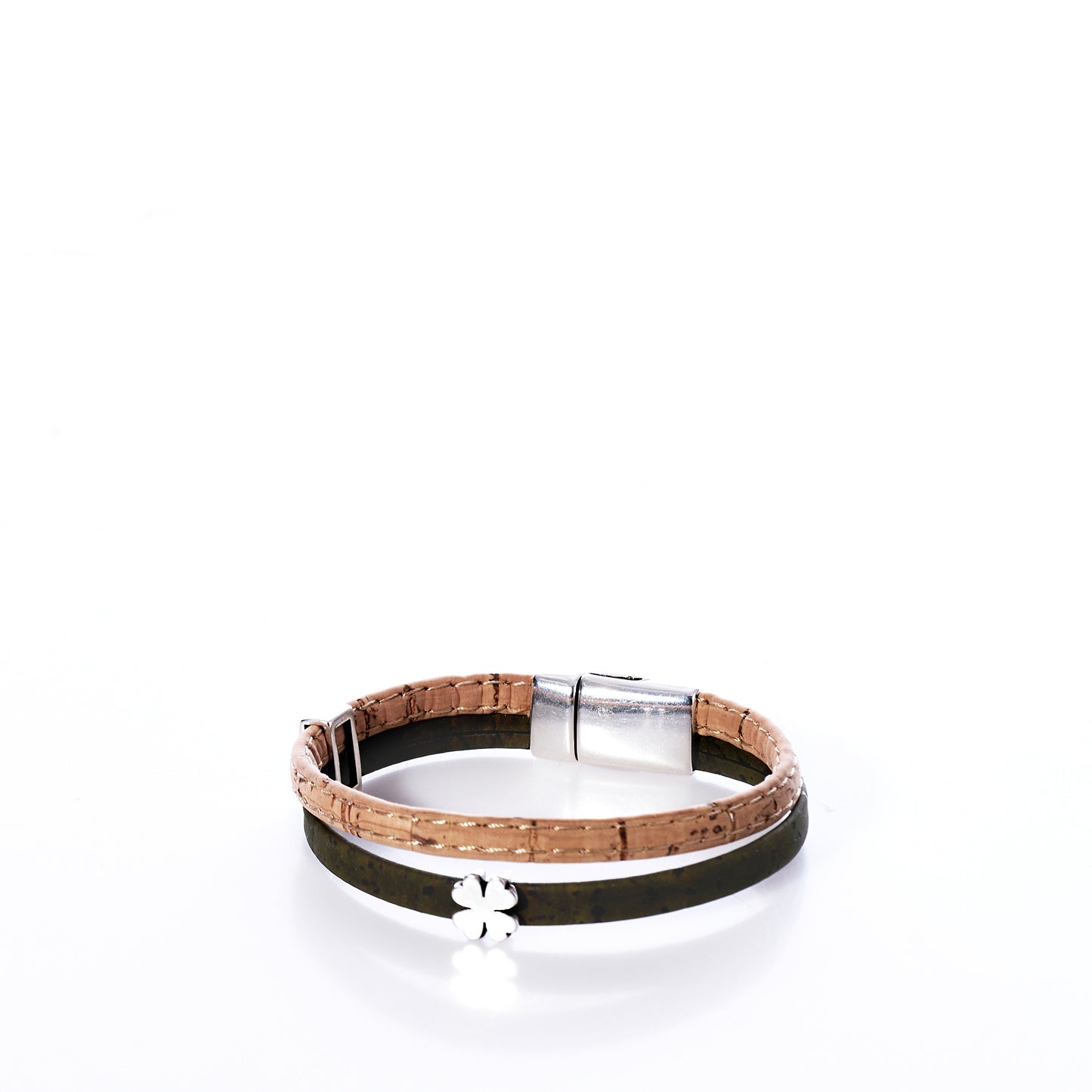 Classic Cork Bracelet Clover on Olive by Elisabetta Studio, featuring brown and olive green cork with a small antique silver clover charm and a metallic clasp, displayed on a white background. by Sea Bags