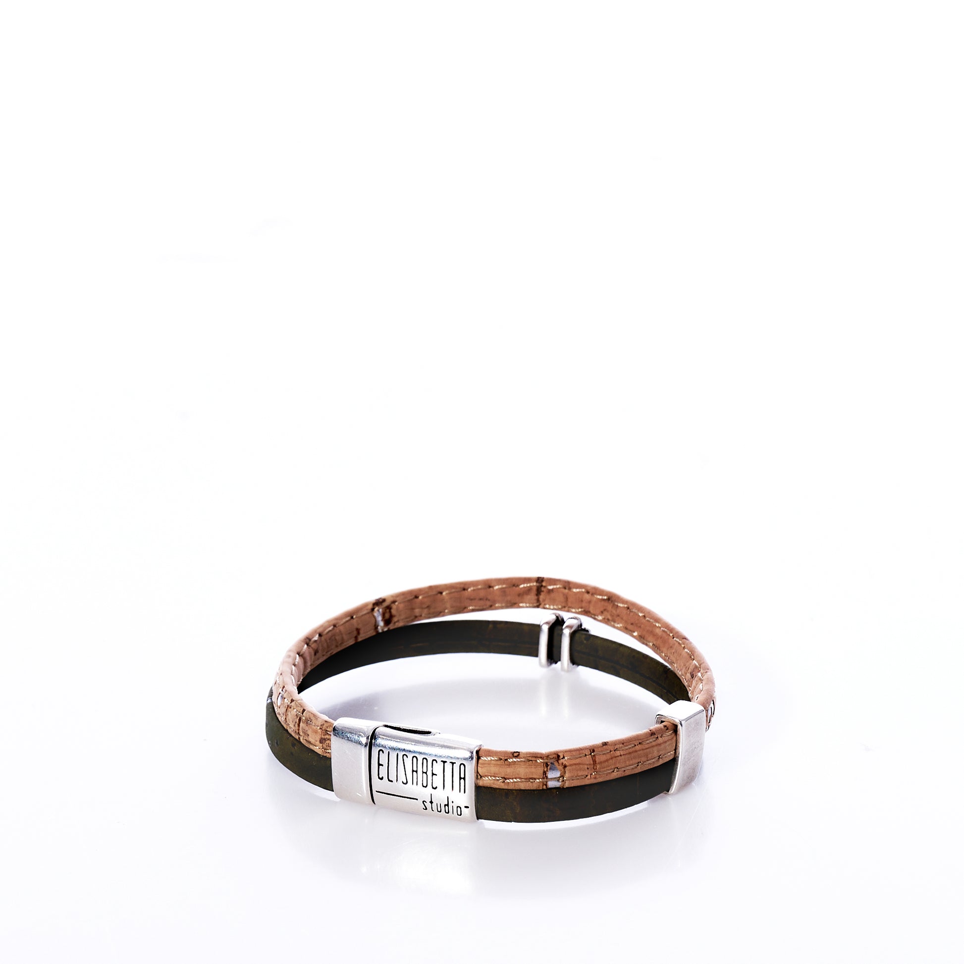 A brown and black leather Portuguese cork bracelet named Classic Cork Bracelet Clover on Olive from Elisabetta Studio, featuring a silver clasp engraved with the brands name, photographed on a white background. by Sea Bags