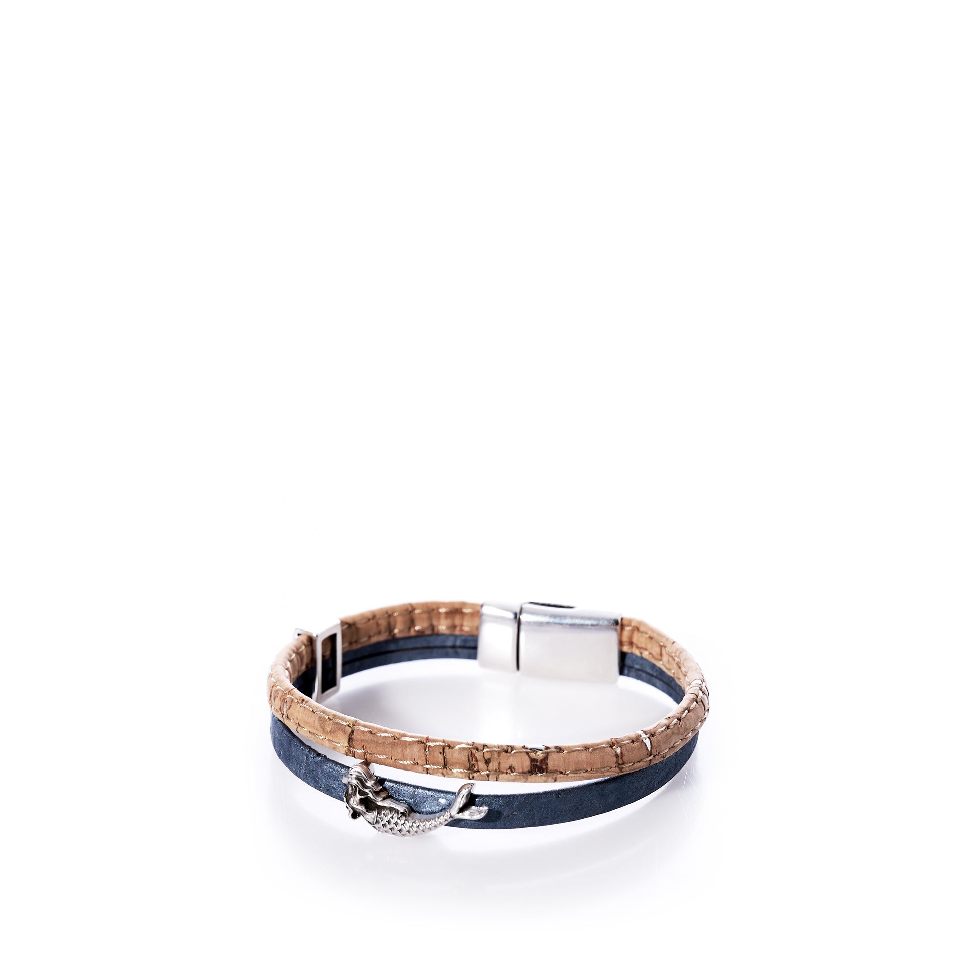 Classic Cork Bracelet Mermaid on Pearl Gray by Elisabetta Studio, featuring a double-wrap design in pearl gray cork and navy blue band, accented with a small silver mermaid charm and a sleek magnetic clasp, displayed on a white background. by Sea Bags
