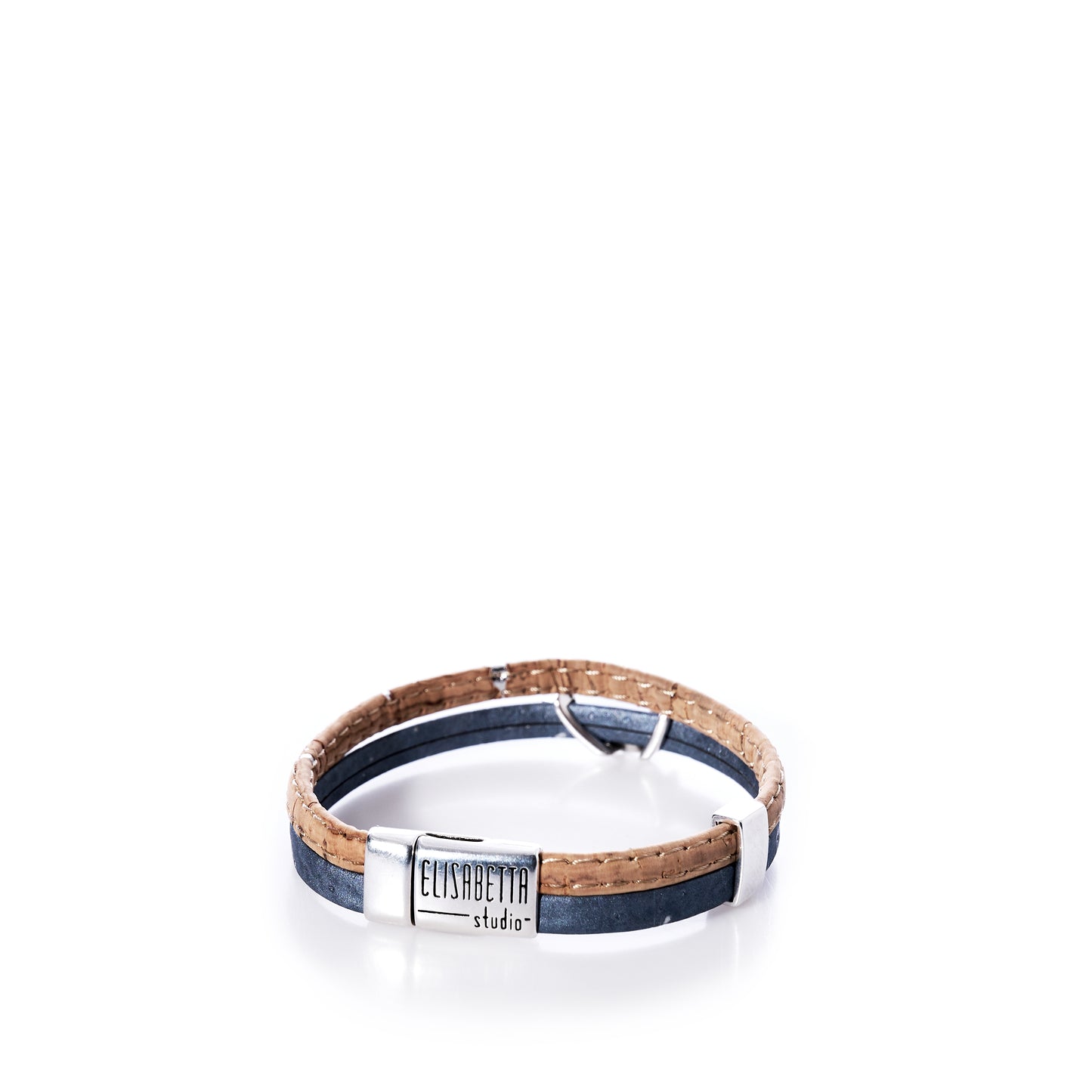 A Classic Cork Bracelet Mermaid on Pearl Gray by Elisabetta Studio, featuring a silver magnetic clasp engraved with the brands name, displayed against a white background. by Sea Bags