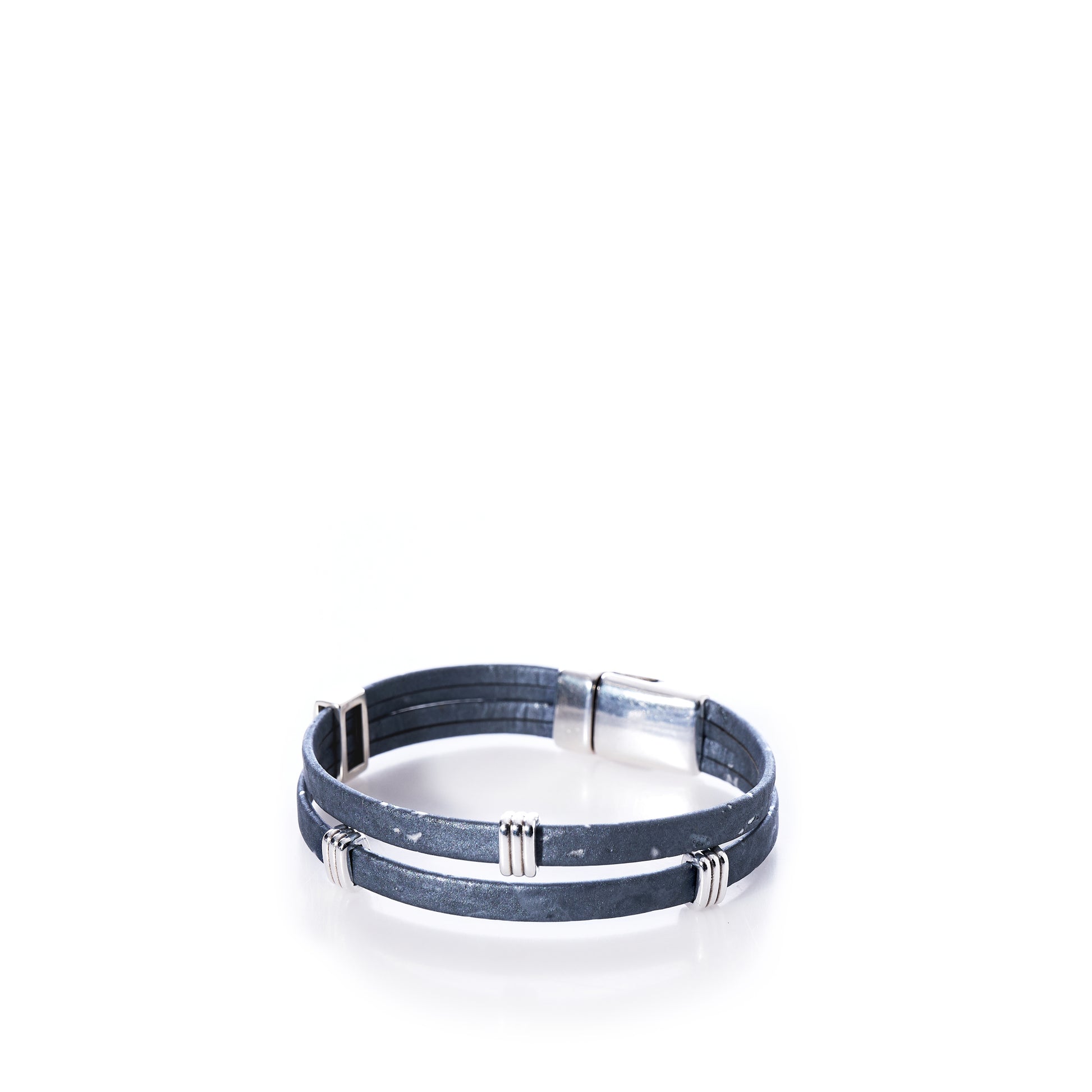 A Classic Cork Bracelet - Stripe Bands on Gray by Elisabetta Studio, featuring a nickel-free magnetic clasp and silver accents, displayed on a white background. by Sea Bags