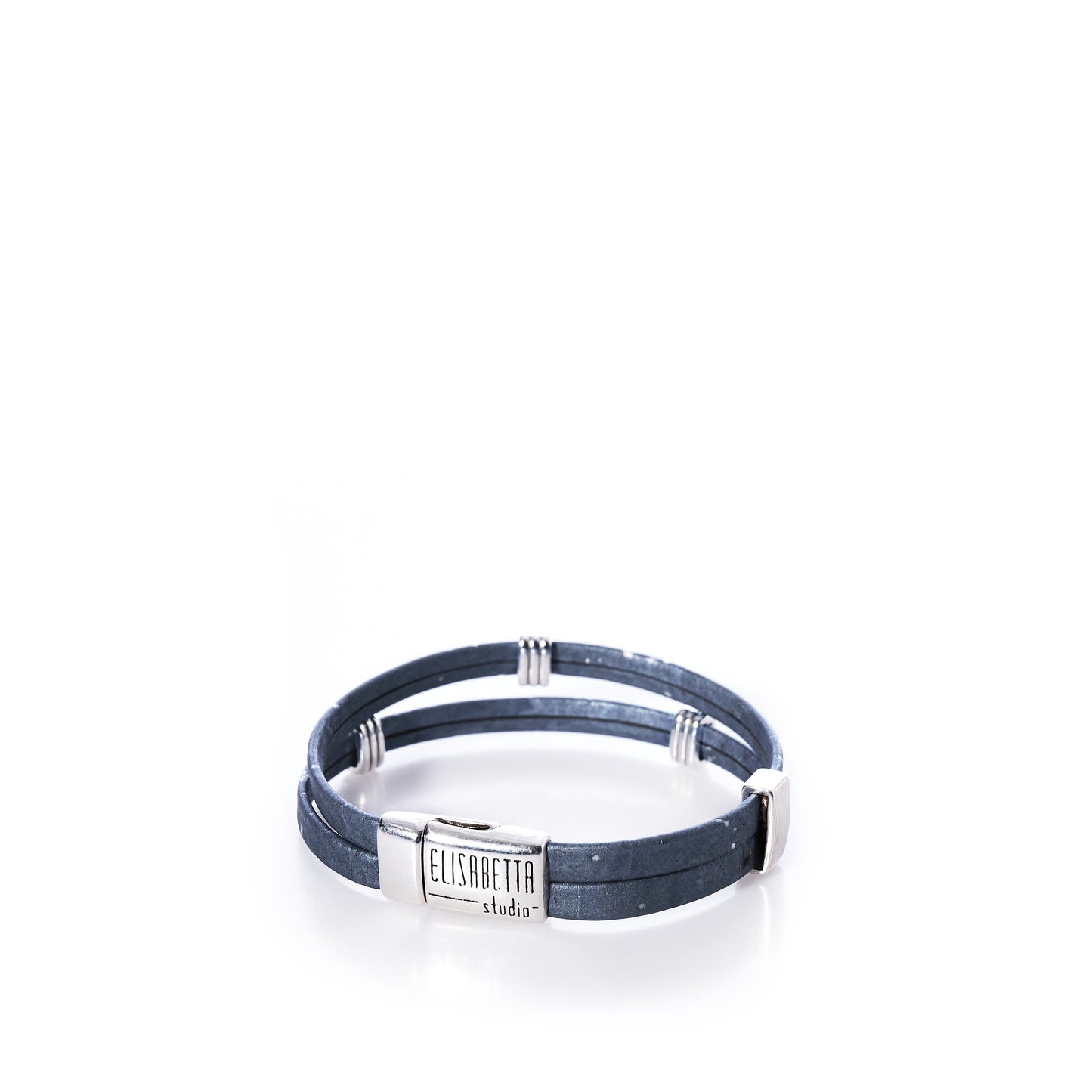 A Classic Cork Bracelet - Stripe Bands on Gray by Elisabetta Studio, featuring blue double-wrap Portuguese cork and a magnetic nickel-free silver clasp engraved with the brand name, displayed on a white background. by Sea Bags