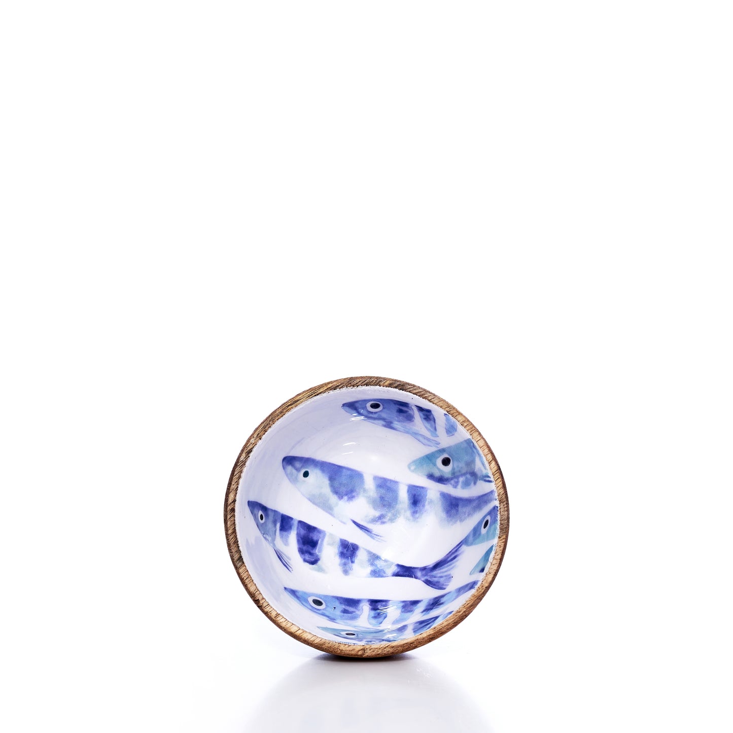 A Batela USA Inc Enameled Wood Bowl—Striped Fish features blue striped fish painted inside and a brown rim, shown against a plain white background. by Sea Bags