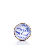 A Batela USA Inc Enameled Wood Bowl—Striped Fish features blue striped fish painted inside and a brown rim, shown against a plain white background. by Sea Bags