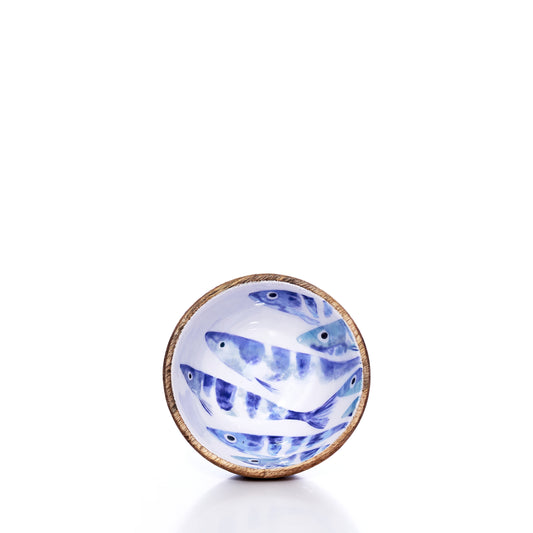 A Batela USA Inc Enameled Wood Bowl—Striped Fish features blue striped fish painted inside and a brown rim, shown against a plain white background. by Sea Bags
