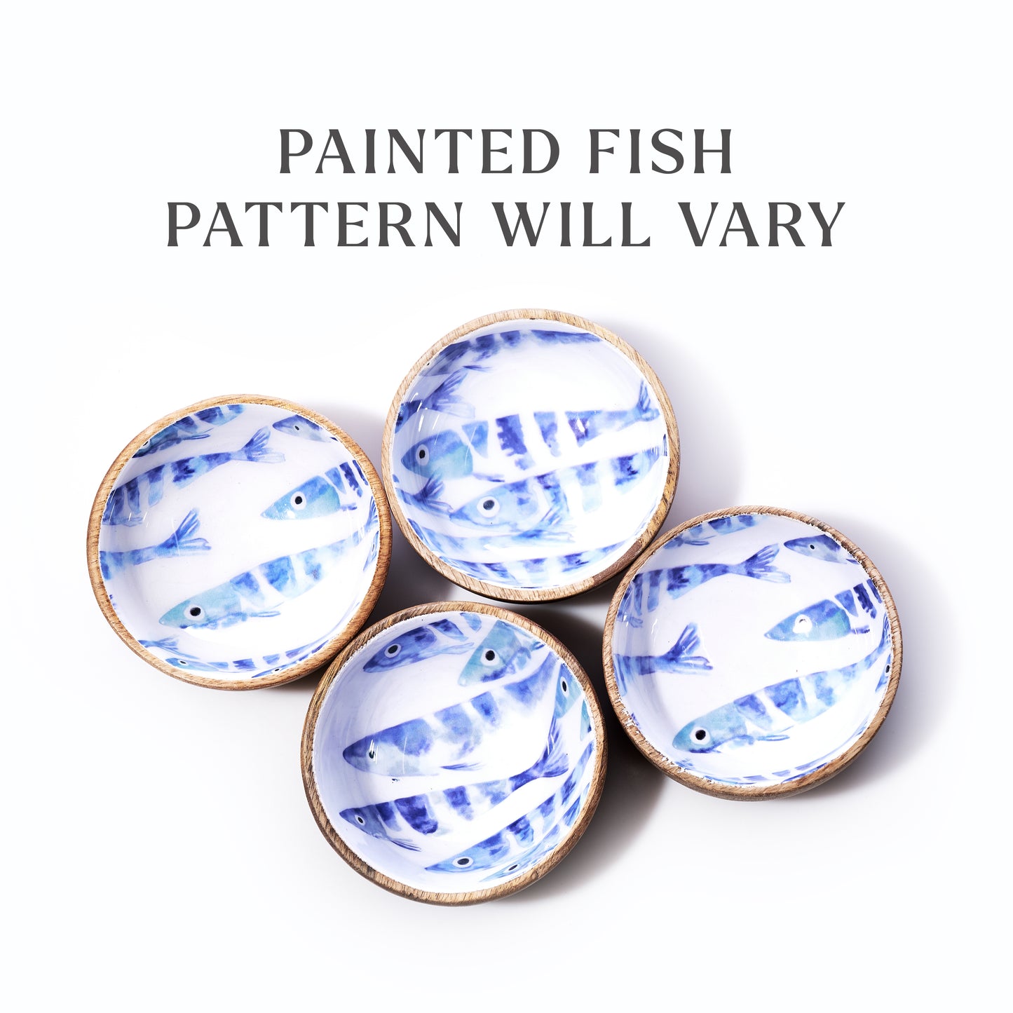 Four enameled wood bowls from Batela USA Inc, each featuring striped fish designs, are arranged together on a white background, creating a charming nautical display; text above reads: Striped fish pattern will vary. by Sea Bags