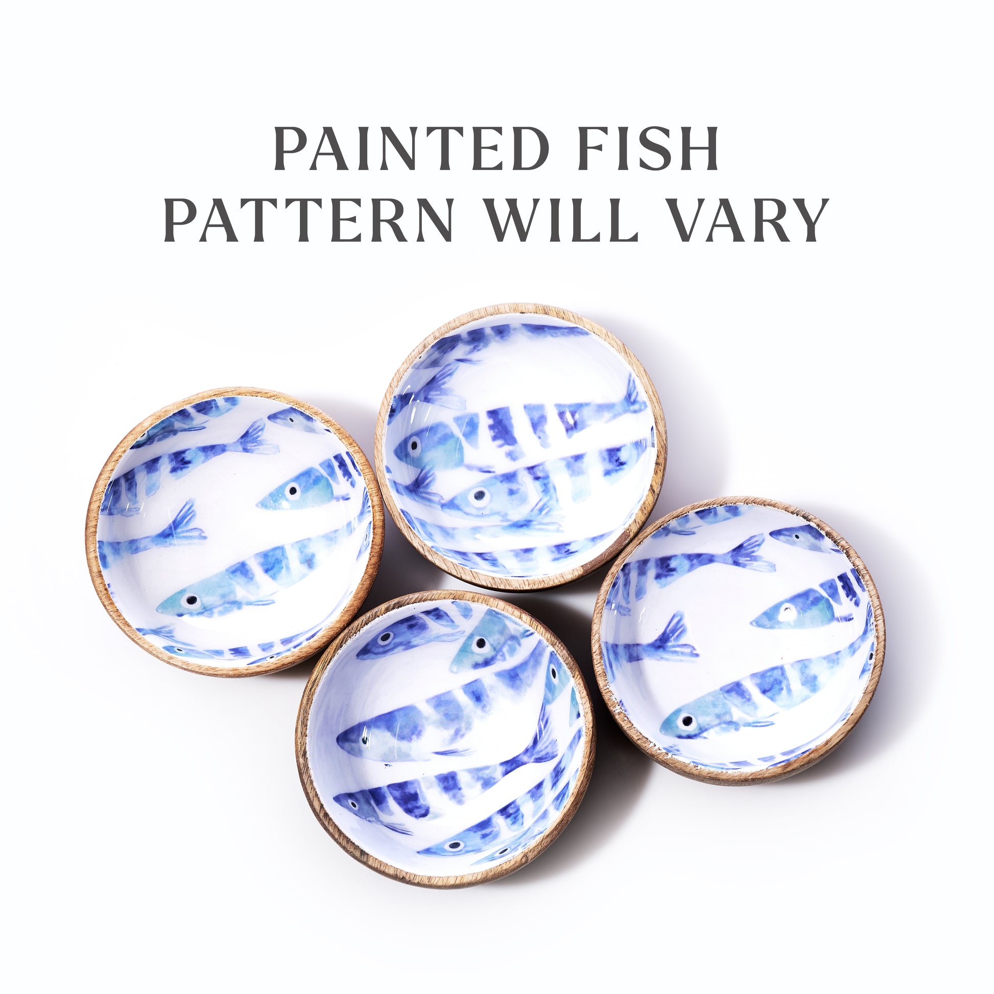 Four enameled wood bowls from Batela USA Inc, each featuring striped fish designs, are arranged together on a white background, creating a charming nautical display; text above reads: Striped fish pattern will vary. by Sea Bags