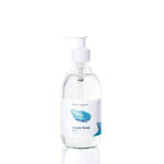 Clear pump bottle of Shore Soap Co. Atlantic Eco-Friendly Liquid Soap with a white label featuring blue watercolor art and the text Atlantic Eco-Friendly Liquid Soap on a white background. This gentle, pH-balanced formula is sulfate-free, making it perfect for everyday use. by Sea Bags