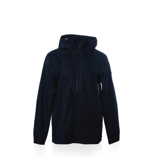 A navy waterproof raincoat by Batela USA Inc, featuring buttons and pockets, displayed on a white background. by Sea Bags