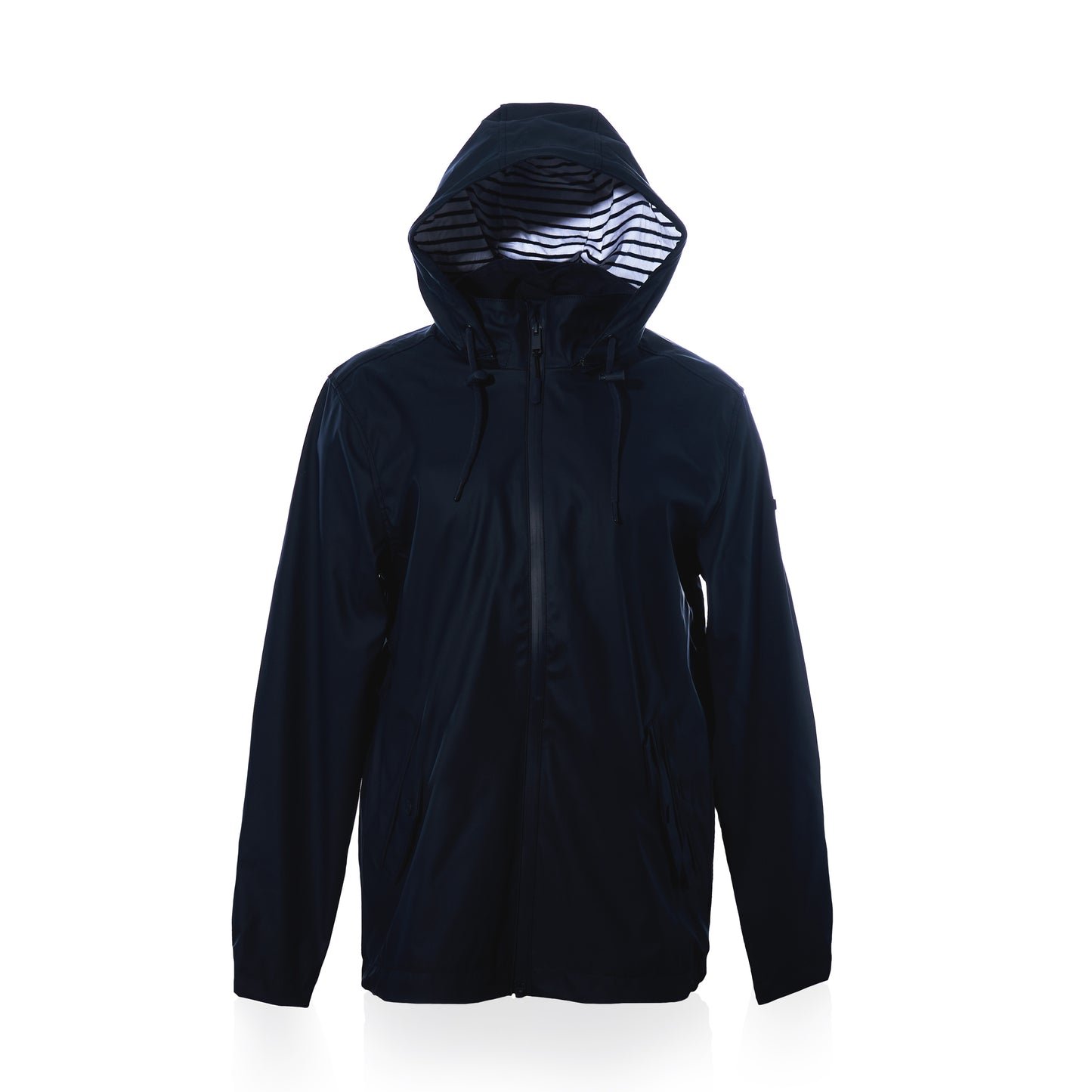 A navy Waterproof Raincoat with button pockets from Batela USA Inc is showcased against a plain white background. Designed with a practical hood and striped inner lining, this unisex outerwear features a waterproof shell for dependable weather protection, blending style and functionality for everyday use. by Sea Bags