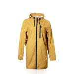 The Harborside Waterproof Raincoat in yellow by Batela USA Inc is shown on a plain white background, featuring a black zipper and drawstrings with a waterproof shell. by Sea Bags