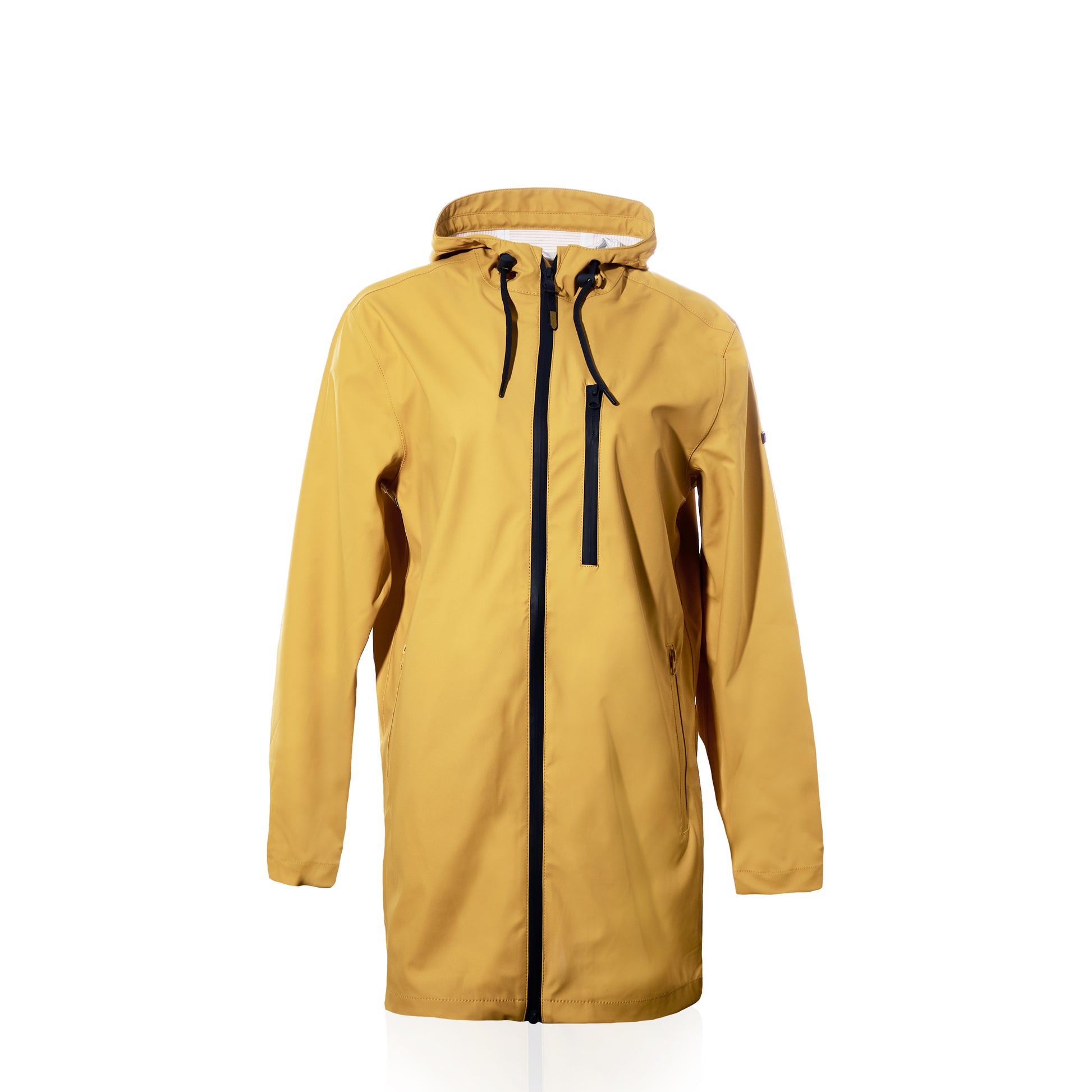 The Harborside Waterproof Raincoat in yellow by Batela USA Inc is shown on a plain white background, featuring a black zipper and drawstrings with a waterproof shell. by Sea Bags